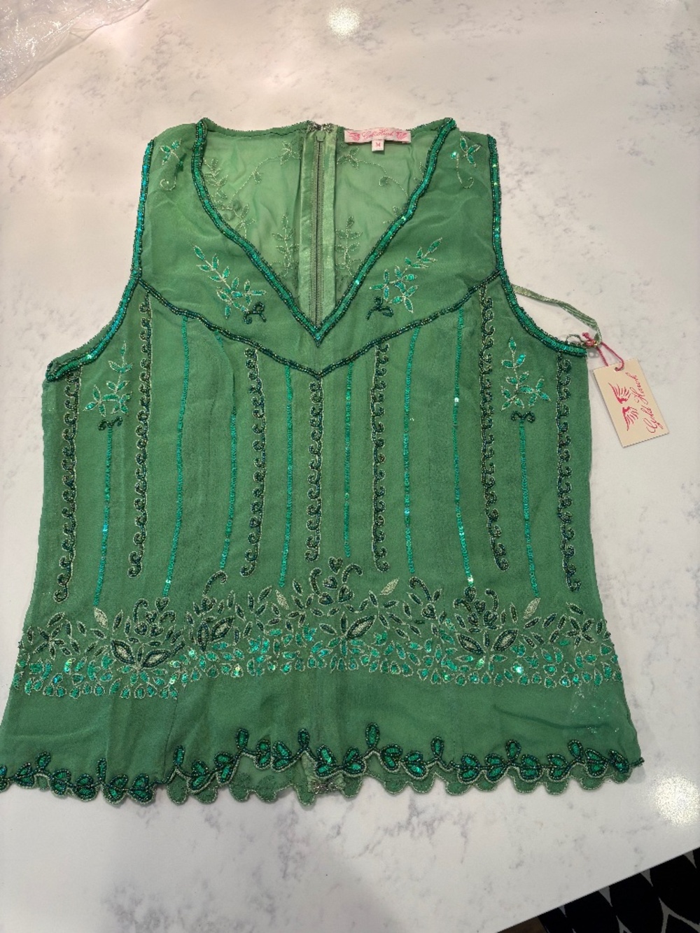 Gold Hawk Green Hand Beaded Embellished Semi Sheer Silk NWT Medium
